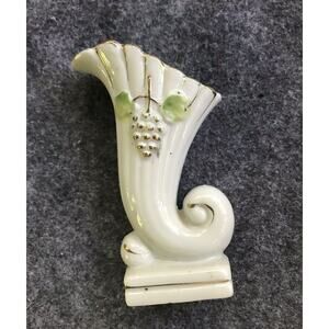 Vintage Cornucopia Trumpet Vase Small 4" White Gold Grapes Traditional Home